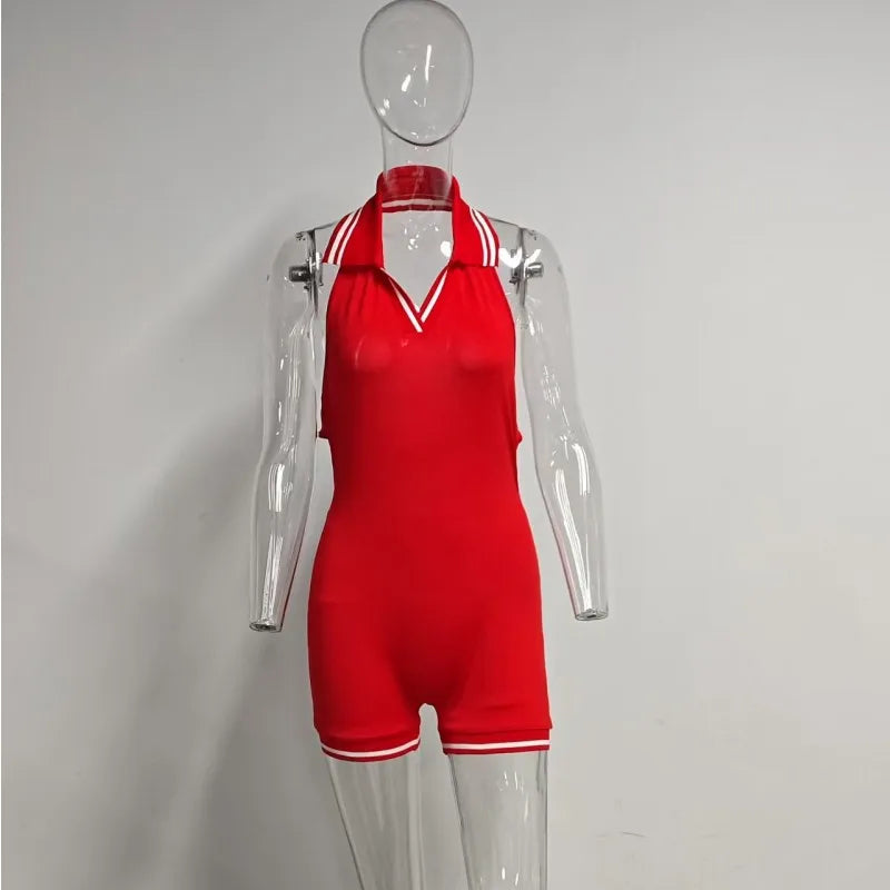 Women's Stripe Backless Halter Sleeveless Romper