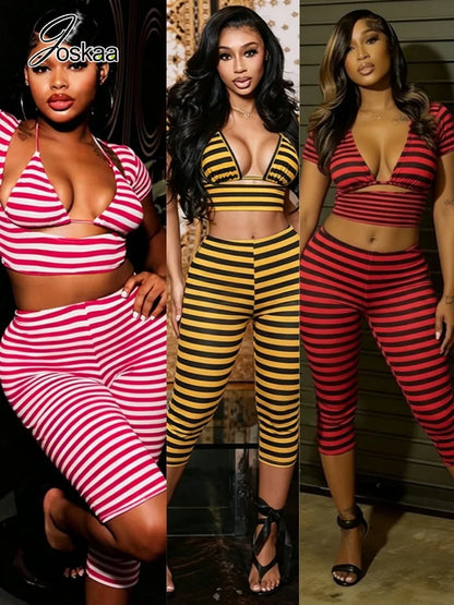 Women's Stripe Short Sleeve Crop Two Piece Set – Women's Fashion Wholesale – Front View