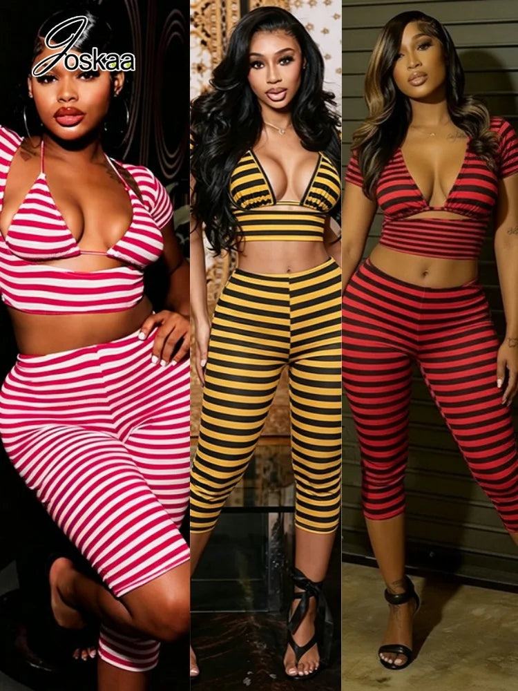 Women's Stripe Short Sleeve Crop Two Piece Set – Women's Fashion Wholesale – Front View