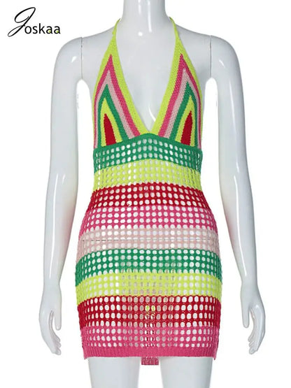 Women's Stripe Knit Backless Mini Bikini Set Colorful – Back View