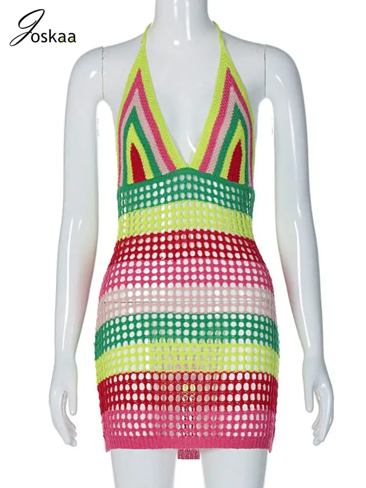 Women's Stripe Knit Backless Mini Bikini Set Colorful – Back View