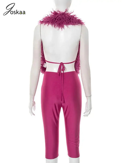 Women's Halter Faux Fur Tie-up Two Piece Set White – Detail View