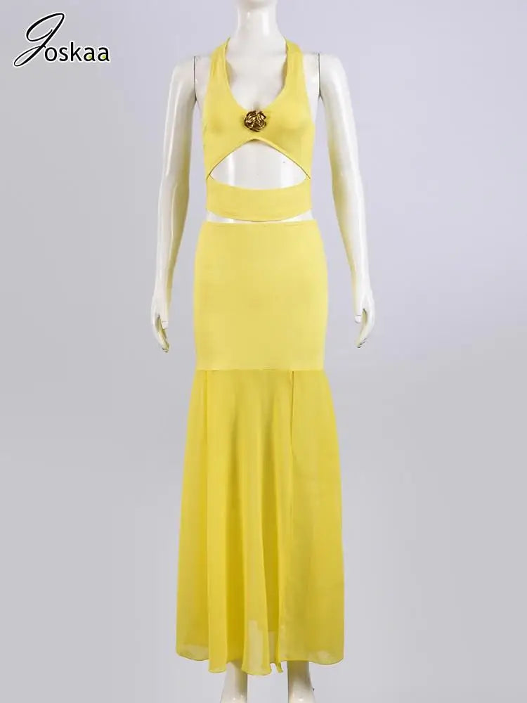 Women's Mesh Cutout Halter Two Piece Set Yellow – Back View