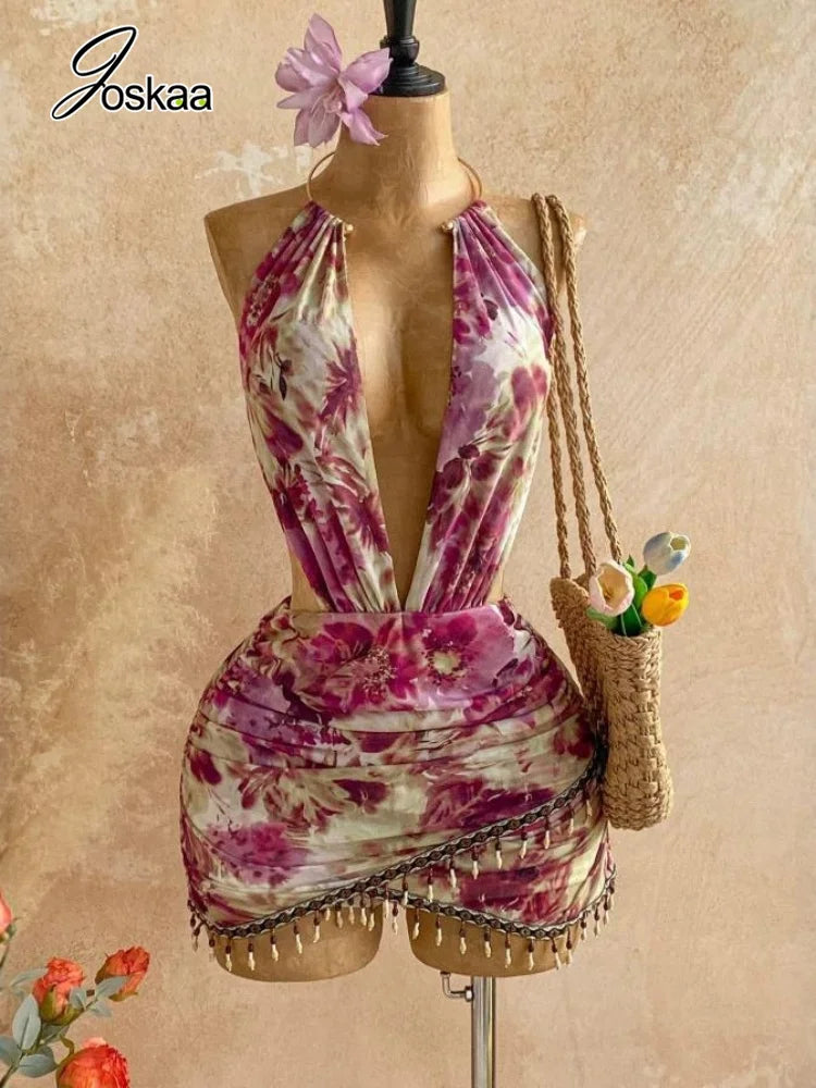 Wholesale Women's Mesh Backless Halter Mini Dress Mixed – Back View
