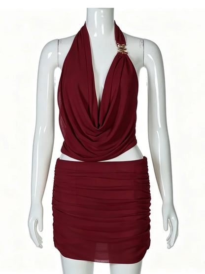Women's Mesh Ruched Backless Two Piece Set