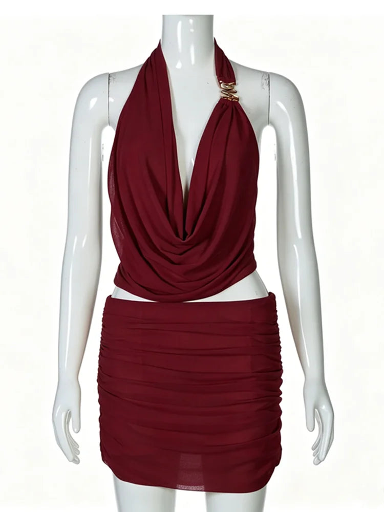 Women's Mesh Ruched Backless Two Piece Set