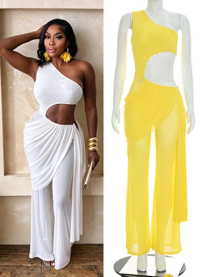 Women's Mesh Ruched Cutout One Shoulder Romper - Front View