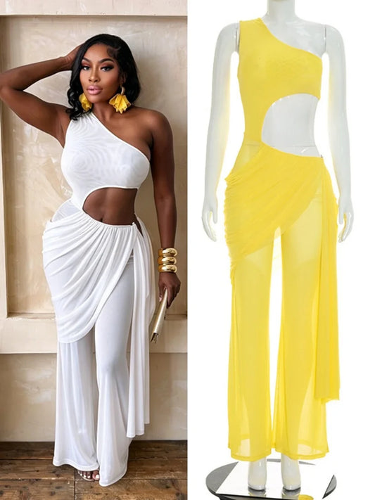 Women's Mesh Ruched Cutout One Shoulder Romper - Front View