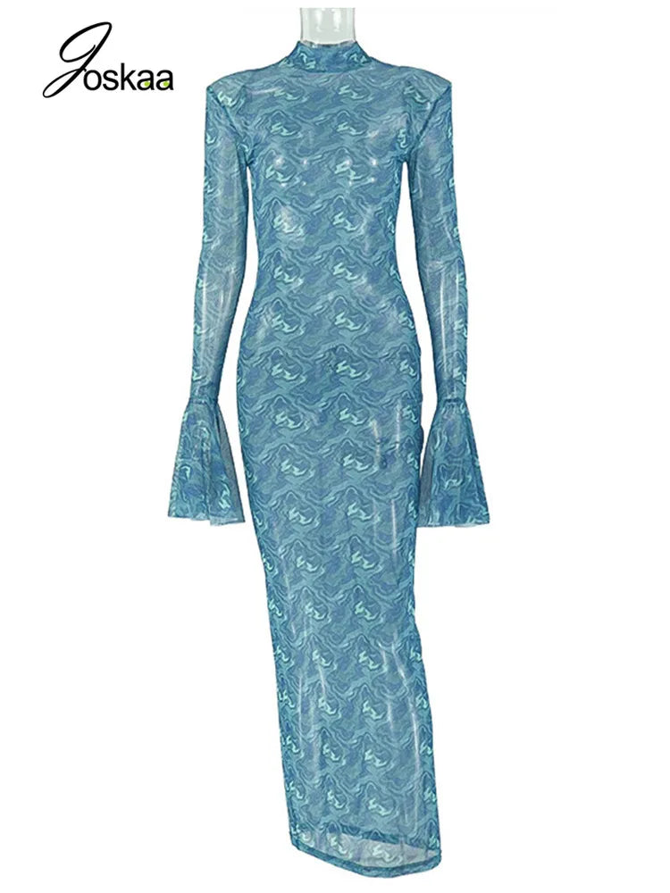 Women's Mesh Long Sleeve Bodycon Maxi Dress Peacock Green – Back View