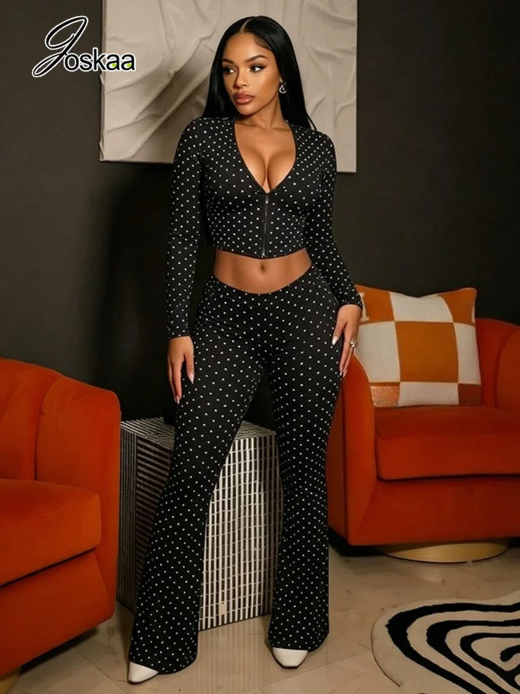 Women's Polka Dot V-neck Zip Up Long Sleeve Two Piece Set - Side View
