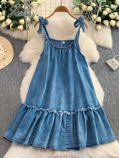 Women's Denim Print Sleeveless Mini Dress - Side View