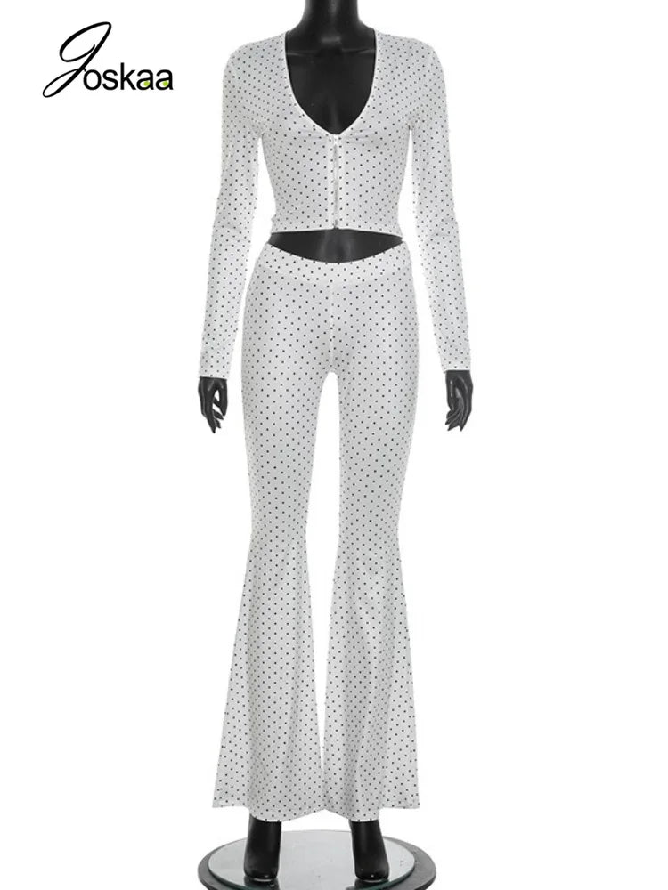 Women's Polka Dot V-neck Zip Up Long Sleeve Two Piece Set - Back View