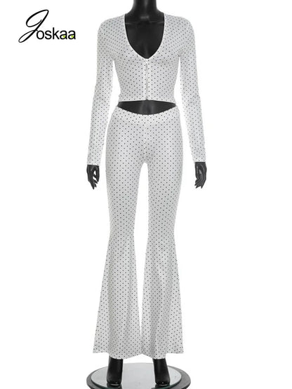 Women's Polka Dot V-neck Zip Up Long Sleeve Two Piece Set - Back View