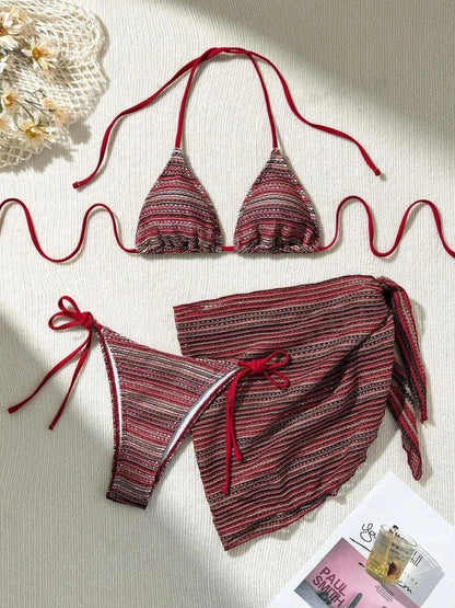 Women's Stripe Lace Halter Swimwear Striped Bikini Set