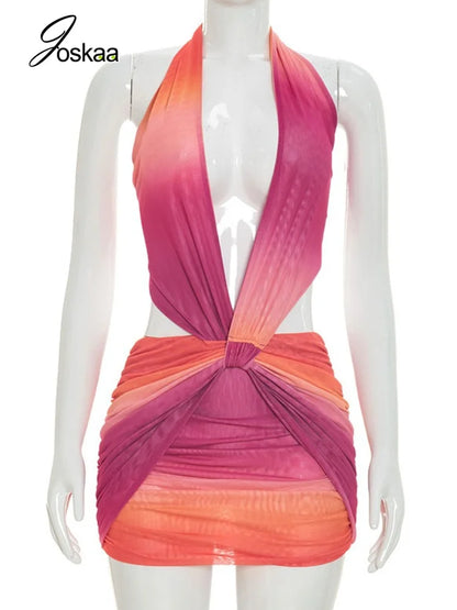 Women's Mesh Ruched Backless Halter Mini Dress Purple – Back View