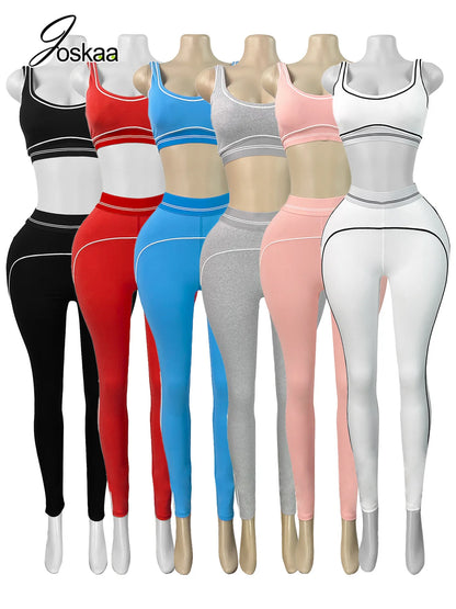 Women's Crop Color Contrast Line Two Piece Set Pink Pants Suit – Front View