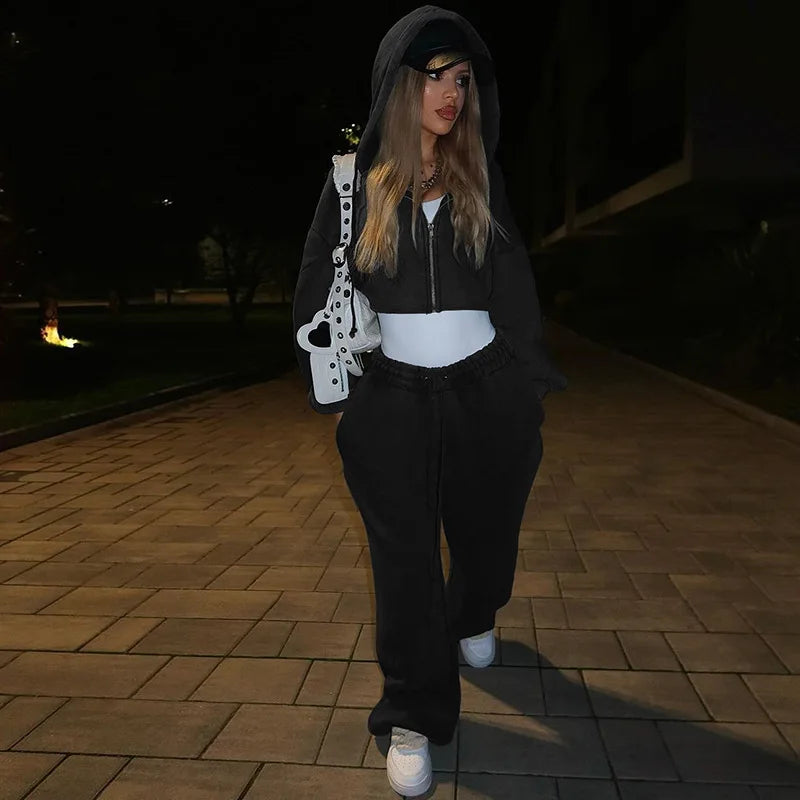 Women's Long Sleeve Crop Zip Hooded Two Piece Set