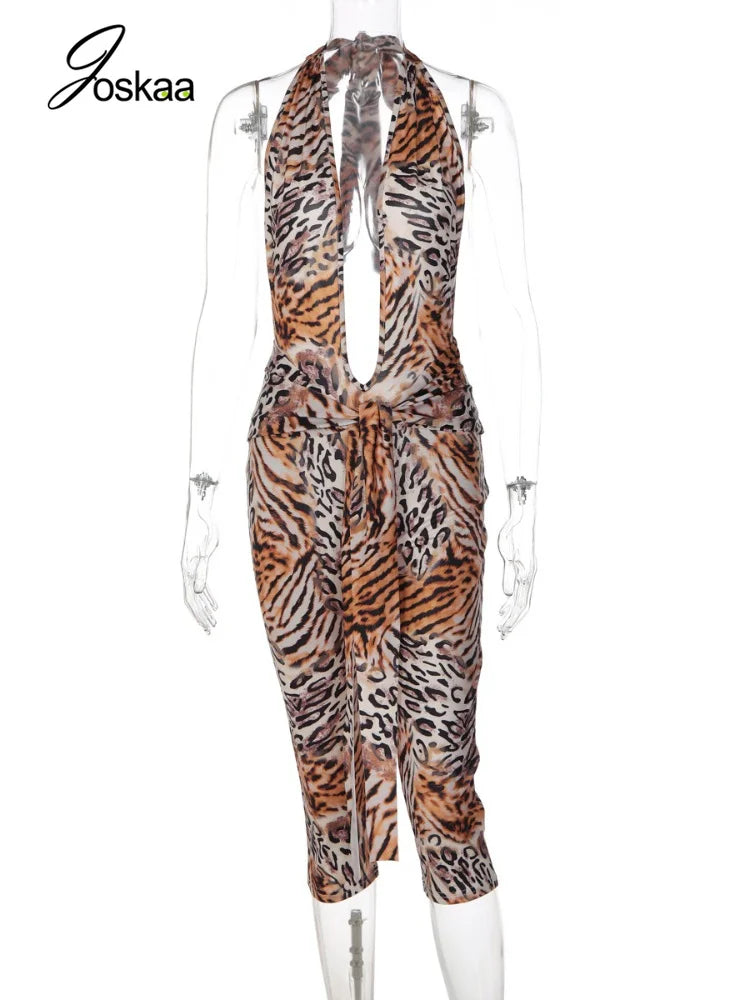 Women's Leopard Print Lace Ruched Romper Leopard Print – Back View