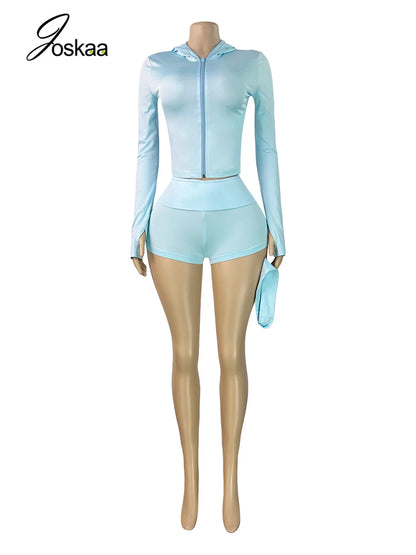 Women's Long Sleeve Zip Hooded Two Piece Set Pink – Back View