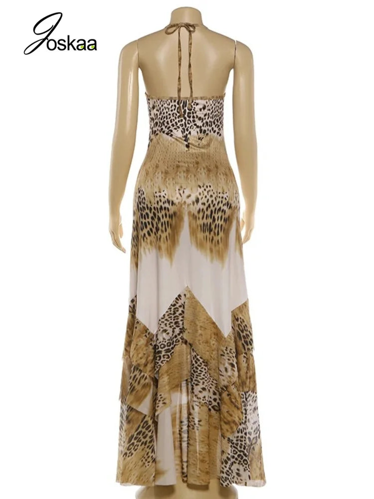 Women's Leopard Print Lace Backless Dress Khaki – Detail View