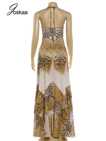 Women's Leopard Print Lace Backless Dress Khaki – Detail View