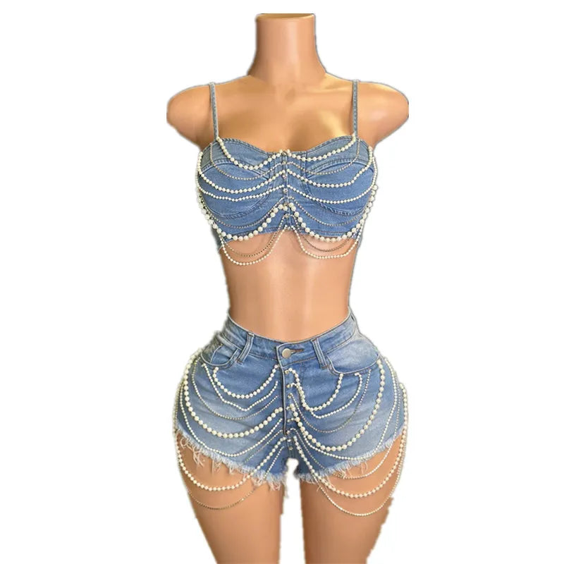 Women's Rhinestone Denim Crop Two Piece Set