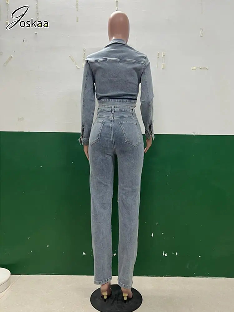 Women's Denim Long Sleeve Crop Two Piece Set Washed Blue – Detail View
