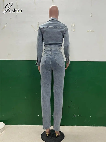 Women's Denim Long Sleeve Crop Two Piece Set Washed Blue – Detail View