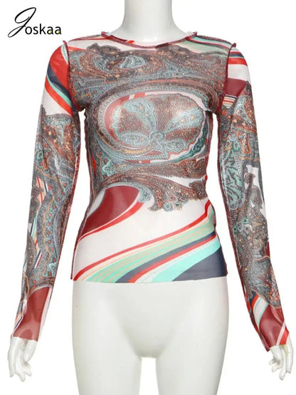 Women's Mesh Long Sleeve Abstract T-shirts Top Brown – Back View