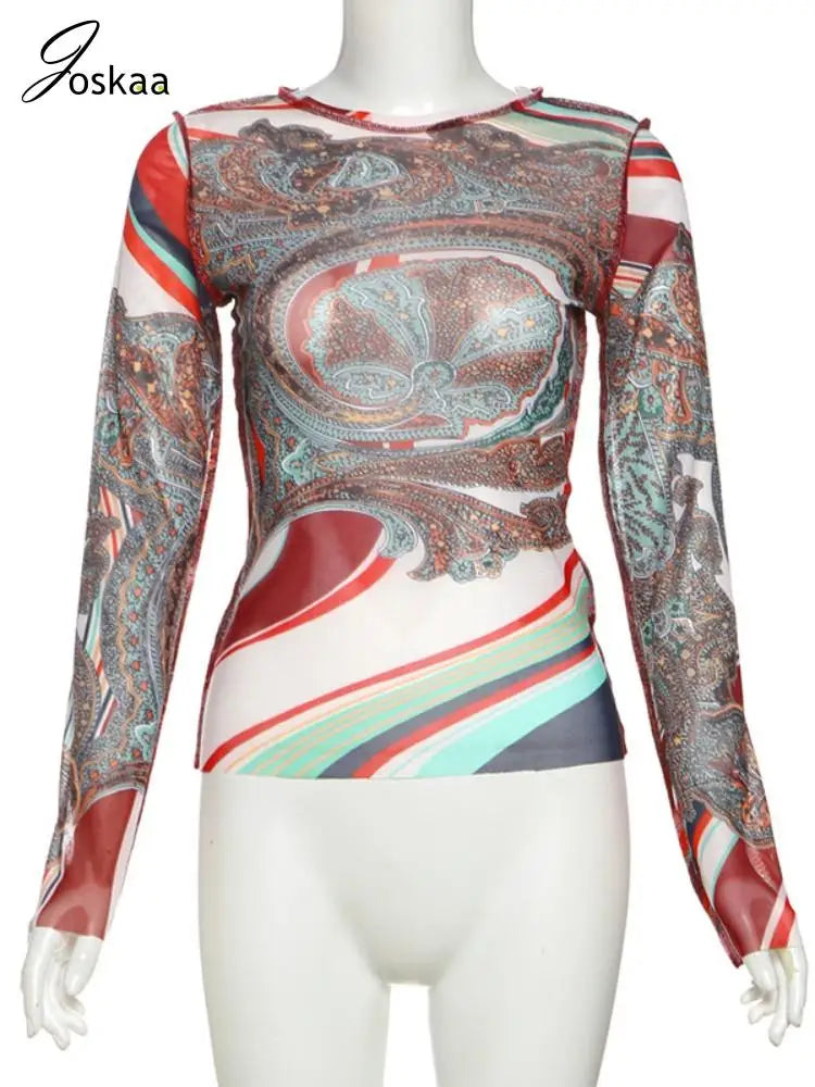 Women's Mesh Long Sleeve Abstract T-shirts Top Brown – Back View