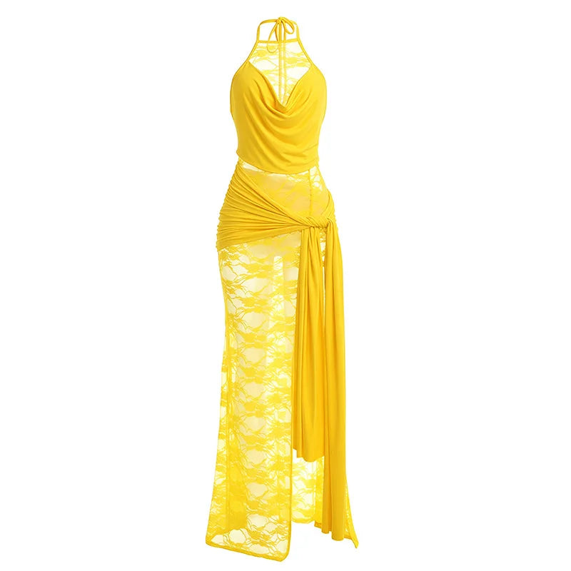 Women's Mesh Lace Ruched Backless Maxi Dress - Additional View 7