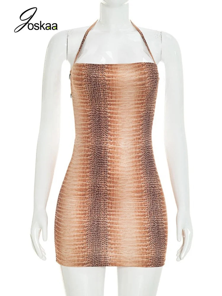 Women's Snake Print Cutout Halter Sleeveless Mini Dress - Back View