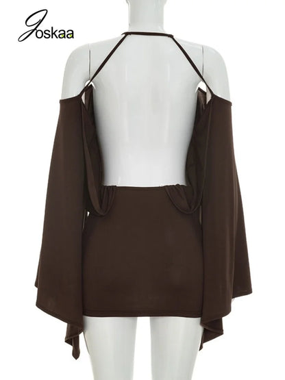 Women's Ruched Backless Halter Long Sleeve Mini Dress - Detail View