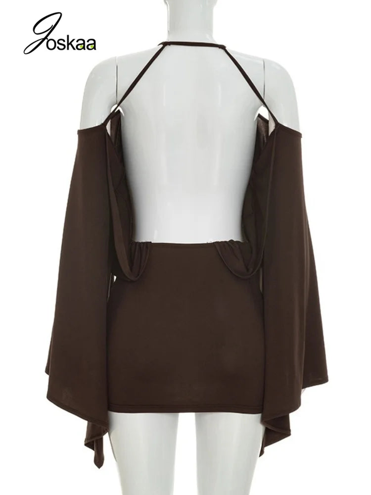 Women's Ruched Backless Halter Long Sleeve Mini Dress - Detail View