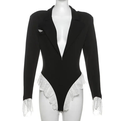 Women's Lace Long Sleeve Patchwork Black Blazer Romper