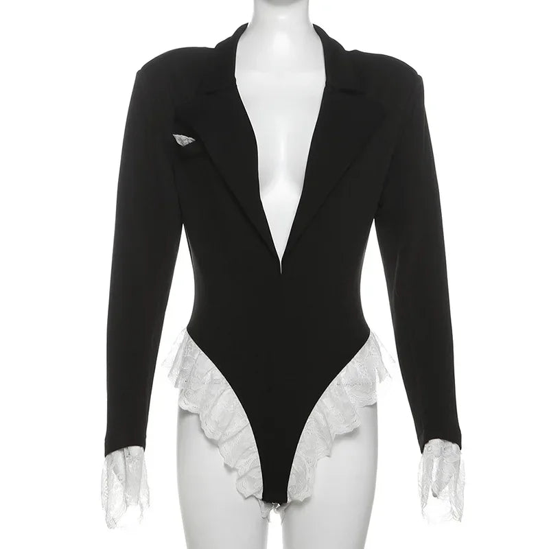 Women's Lace Long Sleeve Patchwork Black Blazer Romper