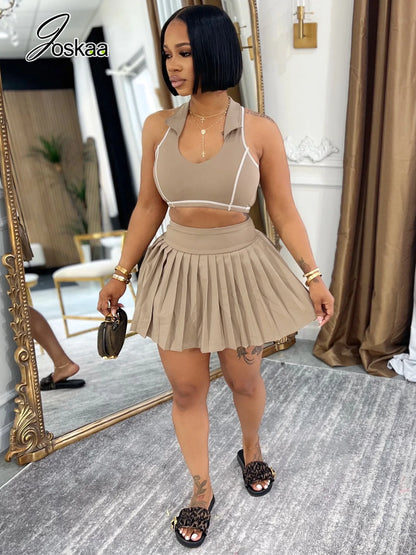 Women's High Waist Mini Pleated Two Piece Set Brown – Side View