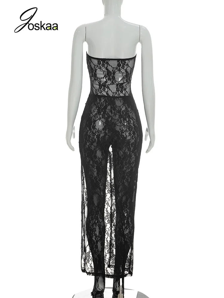 Women's Lace Mesh Strapless Two Piece Set White – Detail View
