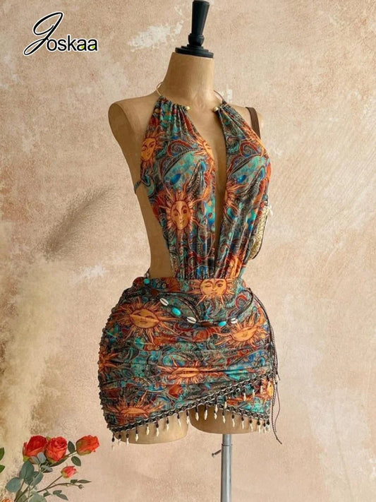 Wholesale Women's Mesh Backless Halter Mini Dress Coffee – Front View