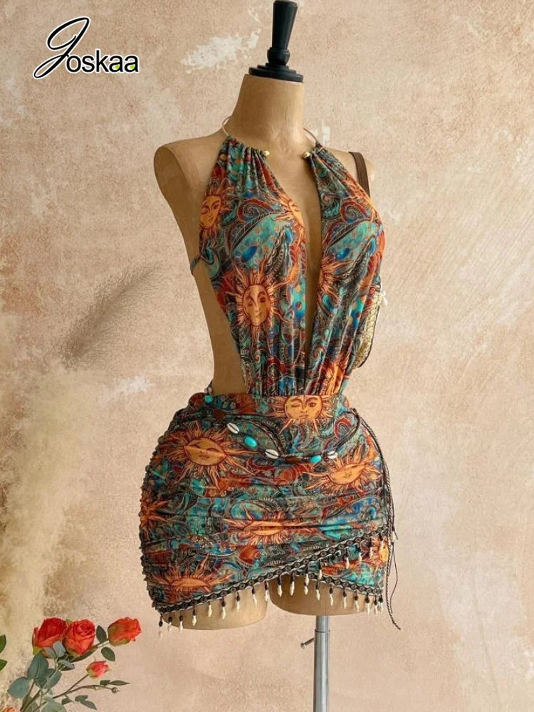 Wholesale Women's Mesh Backless Halter Mini Dress Coffee – Front View