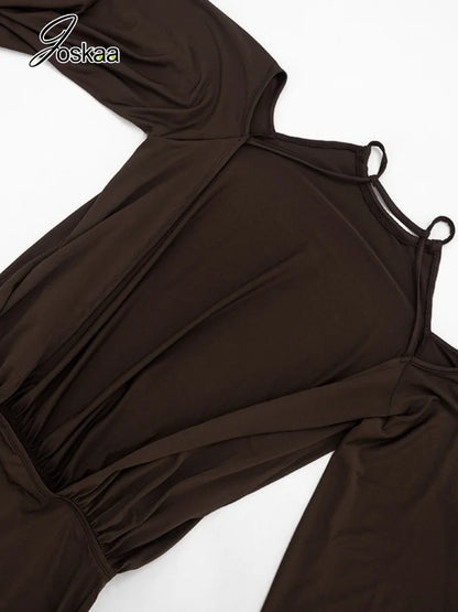 Women's Ruched Backless Halter Long Sleeve Mini Dress - Model Wearing Style