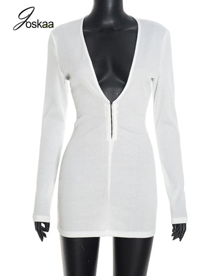 Women's Ribbed Knit V-neck Long Sleeve Bodycon Mini Dress - Back View