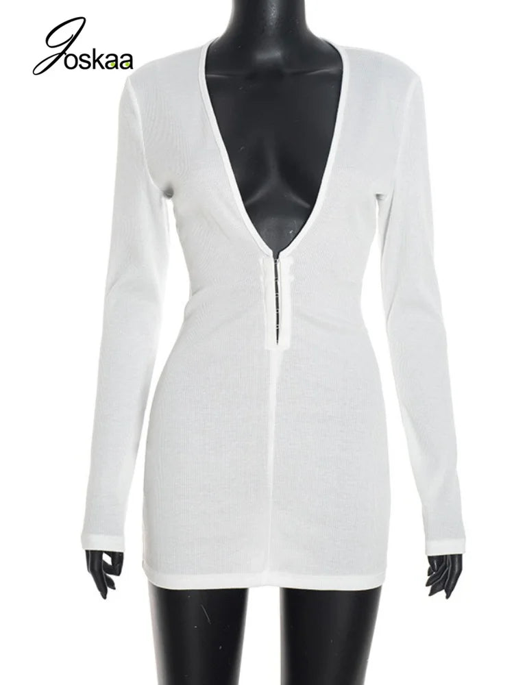 Women's Ribbed Knit V-neck Long Sleeve Bodycon Mini Dress - Back View
