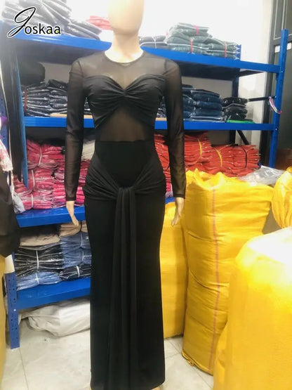 Wholesale Women's Mesh Bodycon Pleated Maxi Dress Red – Back View