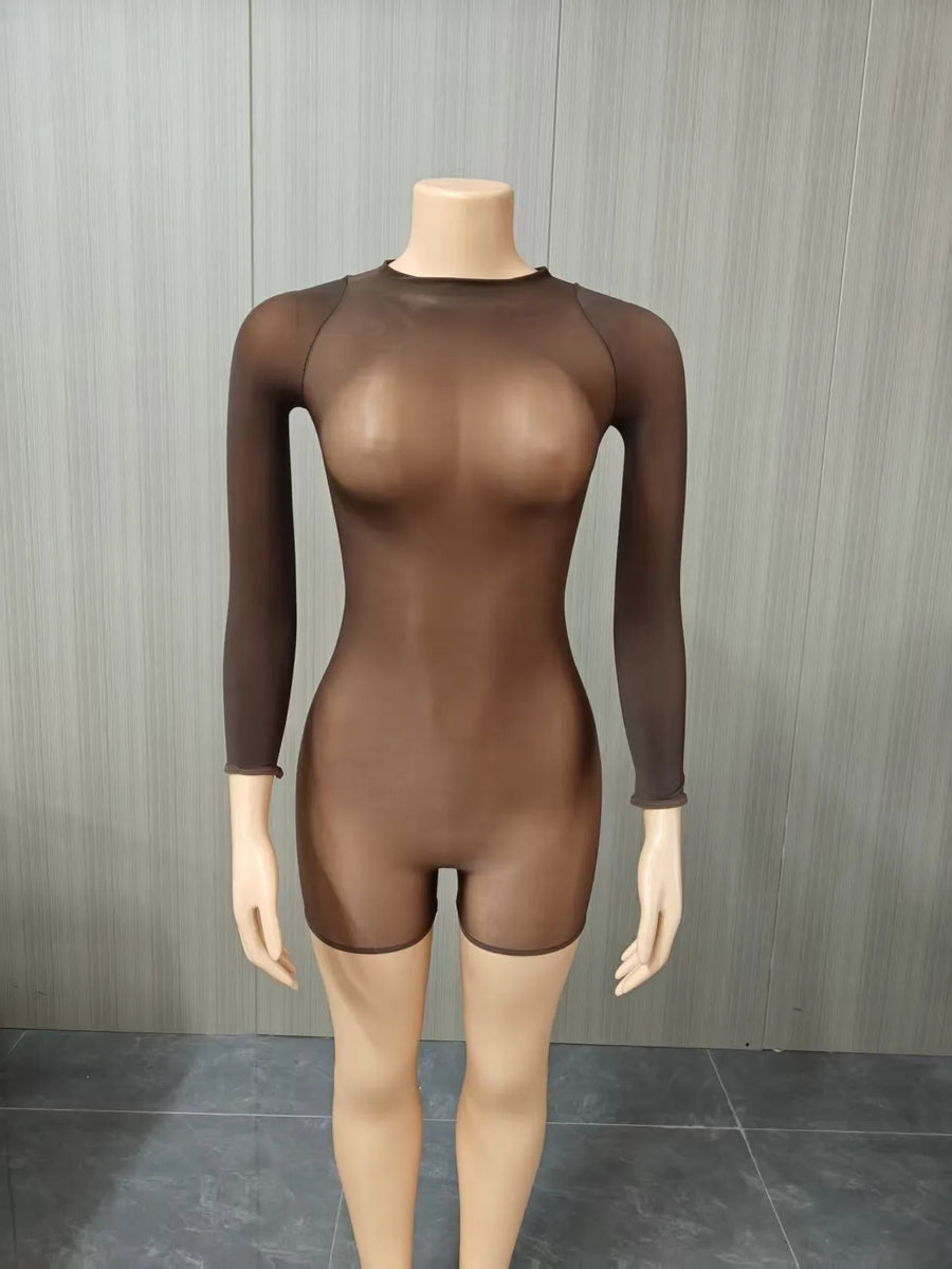 Joskaa Mesh Long Sleeve Romper High Elastic Shiny - romper image 11