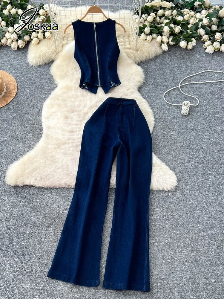 Women's Denim Crop Flare Zip Wide Leg Two Piece Set 173 – Back View