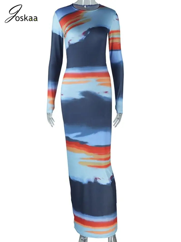 Women's Long Sleeve Colorful Round Maxi Dress Colorful – Back View