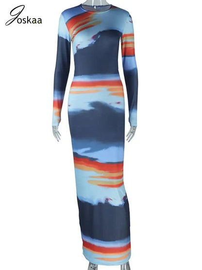 Women's Long Sleeve Colorful Round Maxi Dress Colorful – Back View