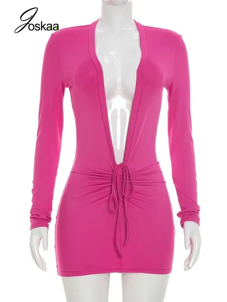 Women's Ruched V-neck Long Sleeve Bodycon Mini Dress - Back View