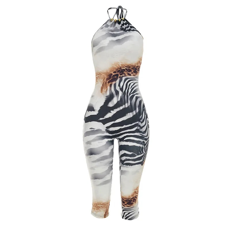 Women's Striped Lace Backless Halter Romper - Additional View 7